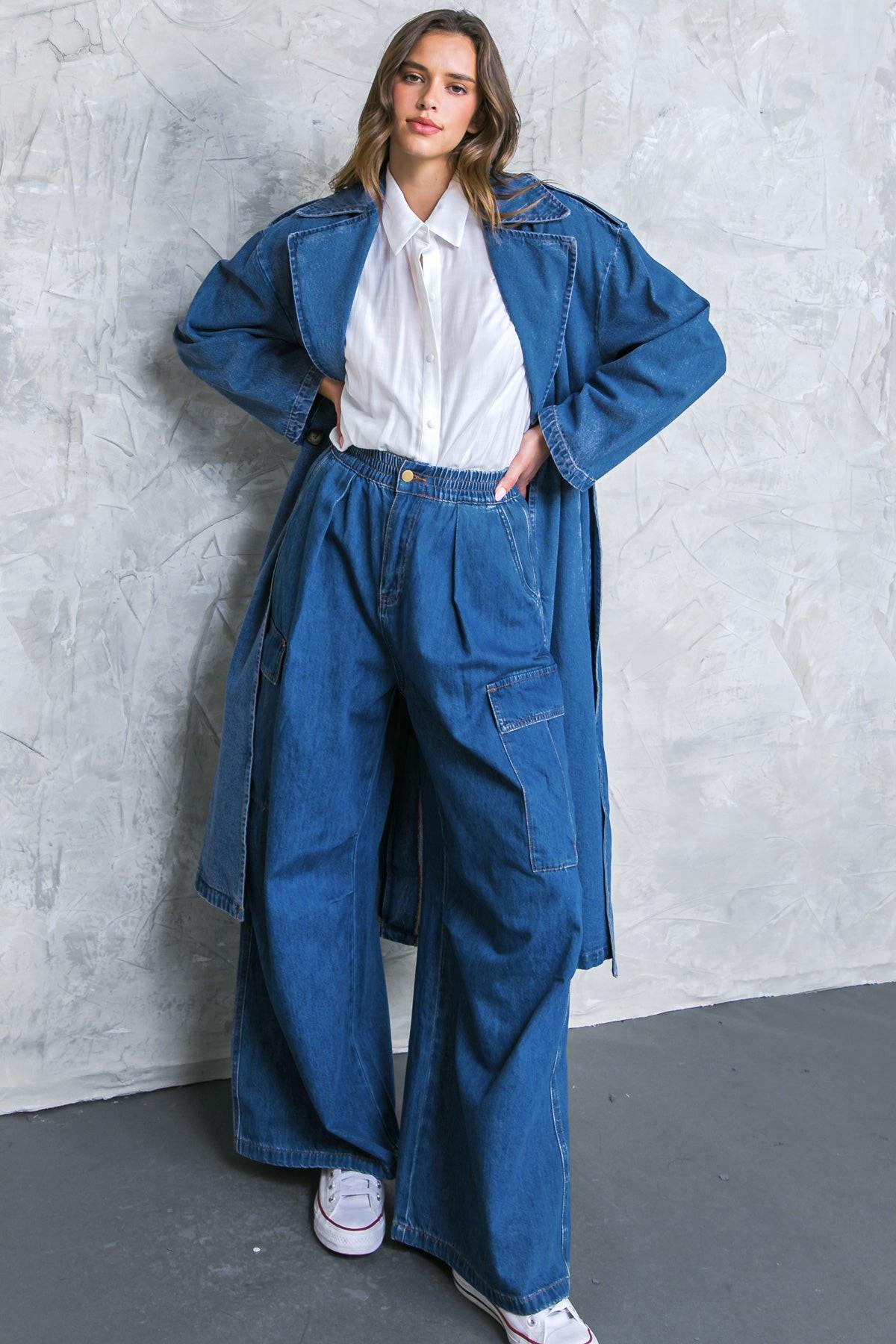 All The Buzz Washed Denim Pants With Cargo Pockets Wide Leg And Elastic Waist