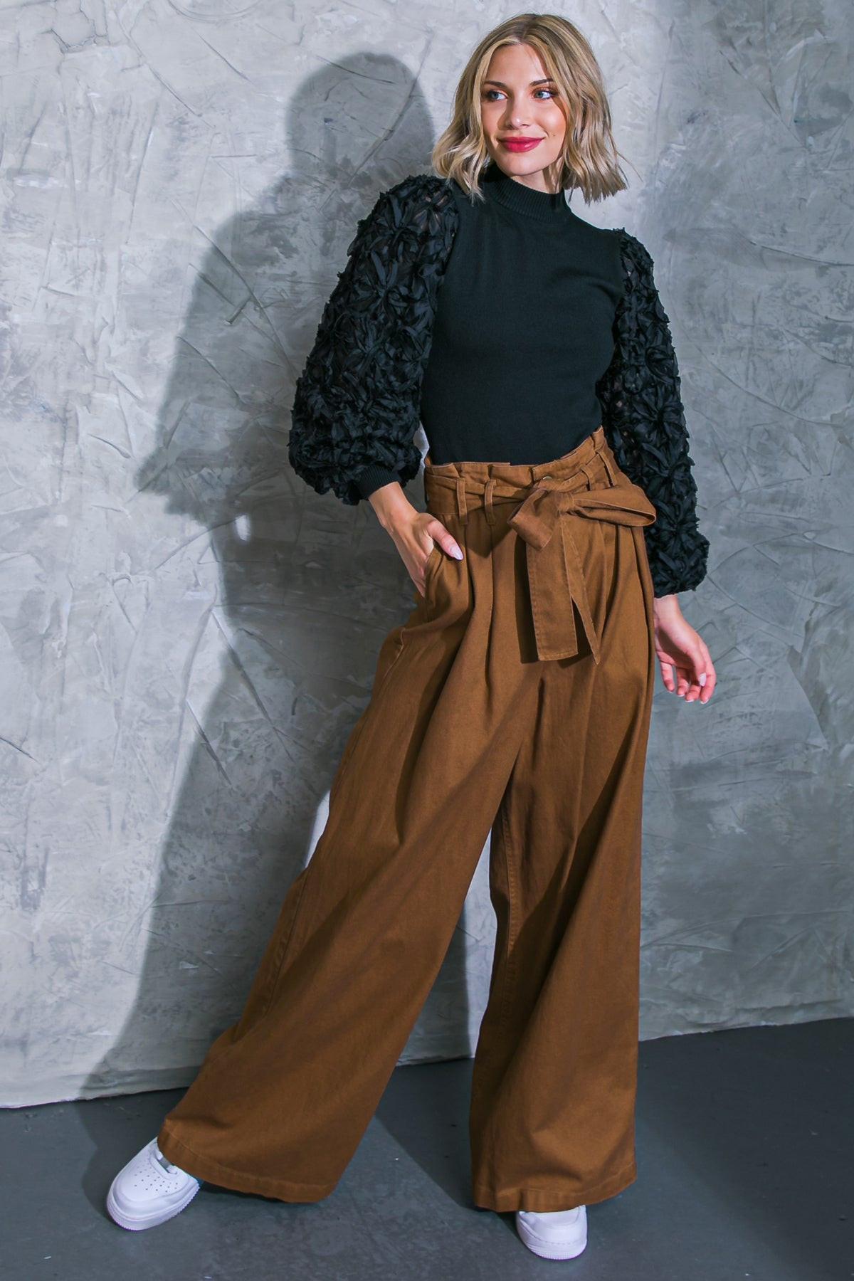 Thriving Weekend Twill Pants With High Waist Self Sash Belt And Wide Leg Pockets