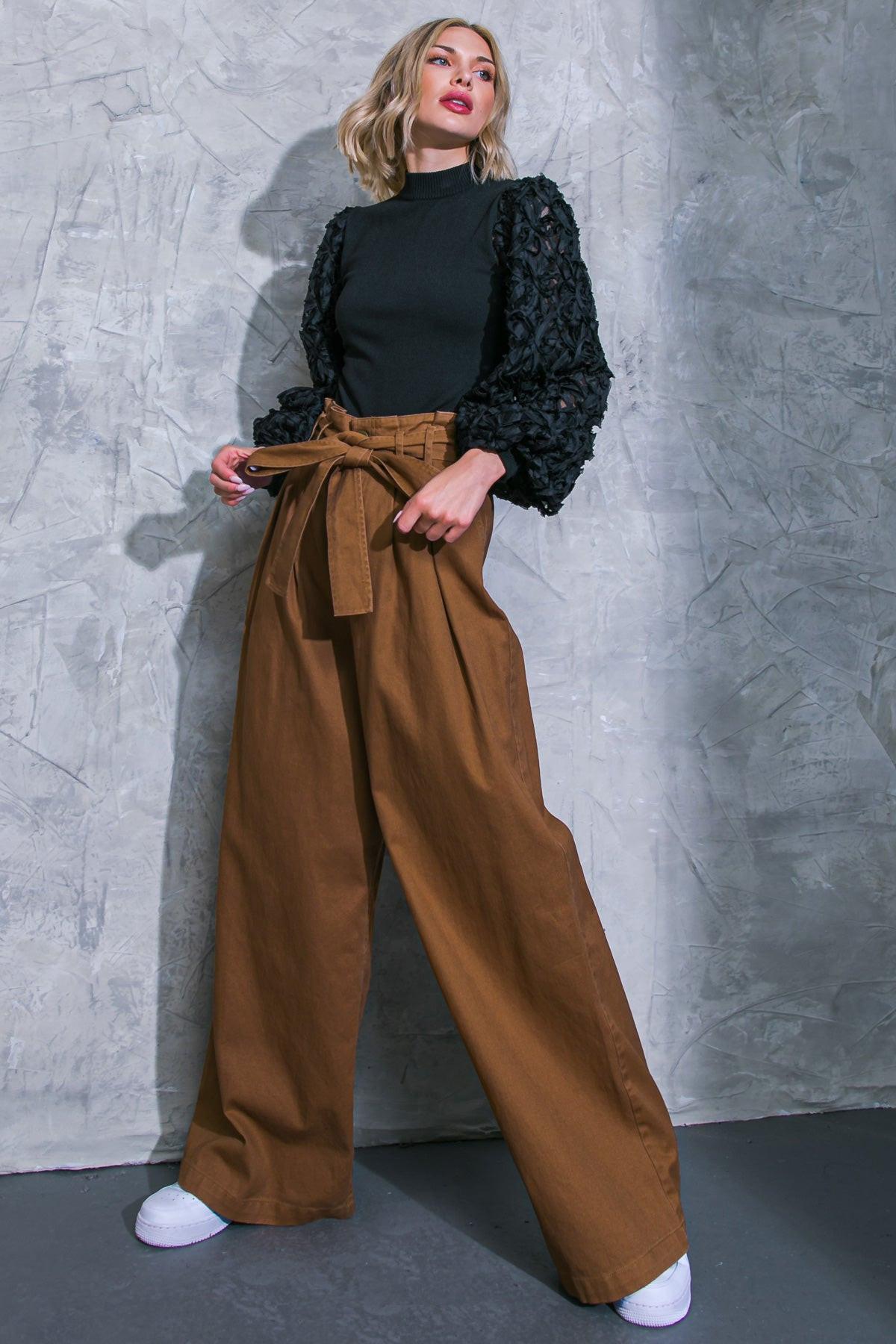 Thriving Weekend Twill Pants With High Waist Self Sash Belt And Wide Leg Pockets