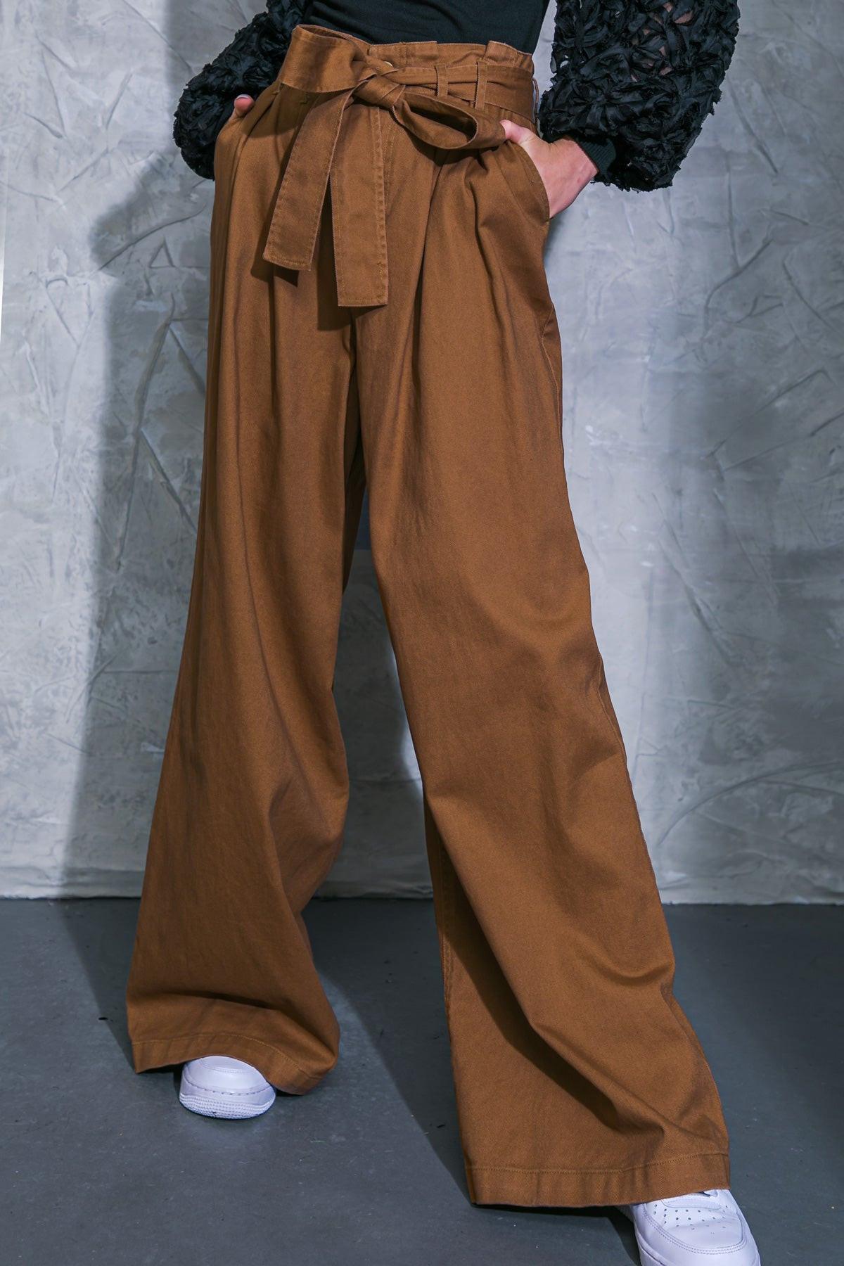 Thriving Weekend Twill Pants With High Waist Self Sash Belt And Wide Leg Pockets