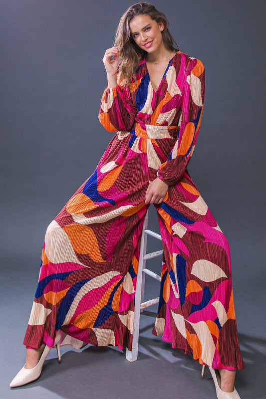Set A Trend Printed Plisse Jumpsuit With V Neckline Back Zipper For Night Out
