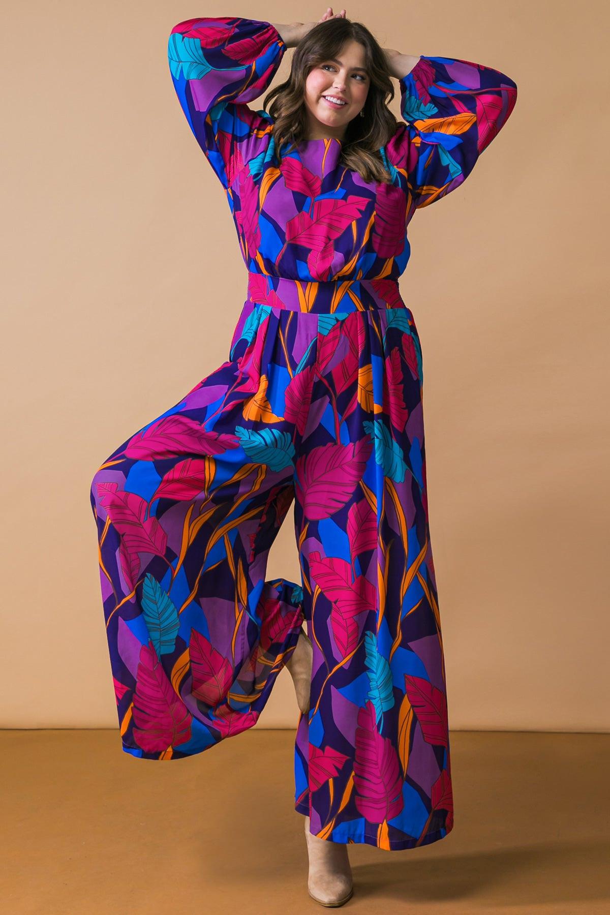 Woven Jumpsuit With Round Neckline Front Pant Pleat And Wide Leg Back Zipper