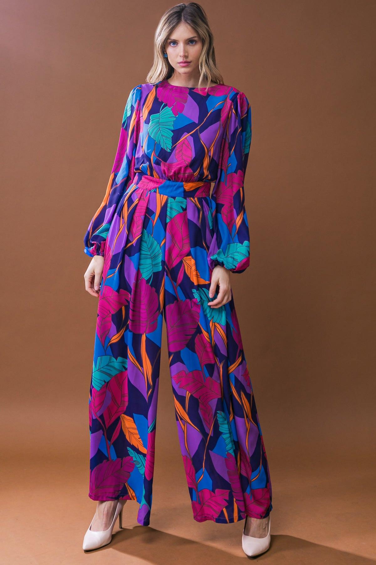 Woven Jumpsuit With Round Neckline Front Pant Pleat And Wide Leg Back Zipper
