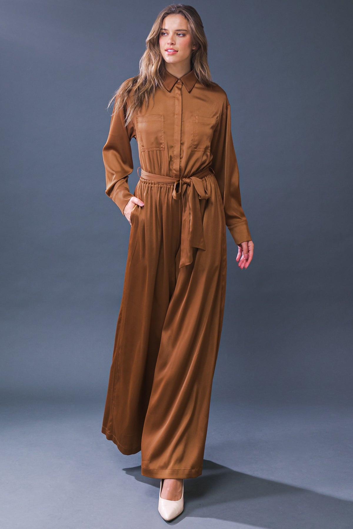 Simply Trendy Solid Woven Jumpsuit With Shirt Collar And Self Tie