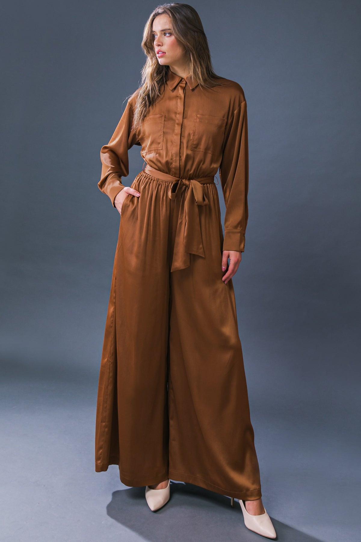 Simply Trendy Solid Woven Jumpsuit With Shirt Collar And Self Tie