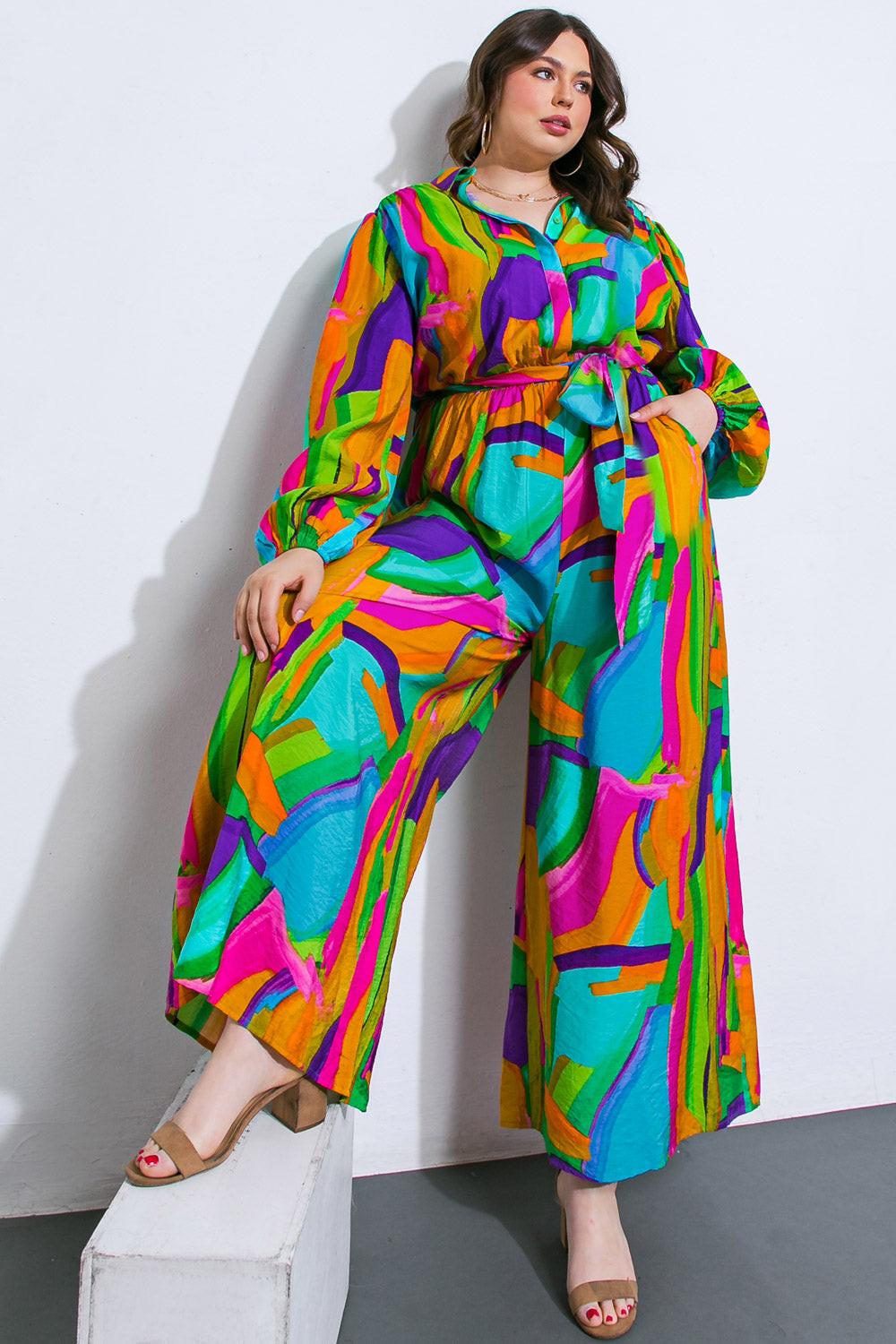 All My Heart Woven Jumpsuit With Shirt Collar Blouson Sleeves And Wide Leg