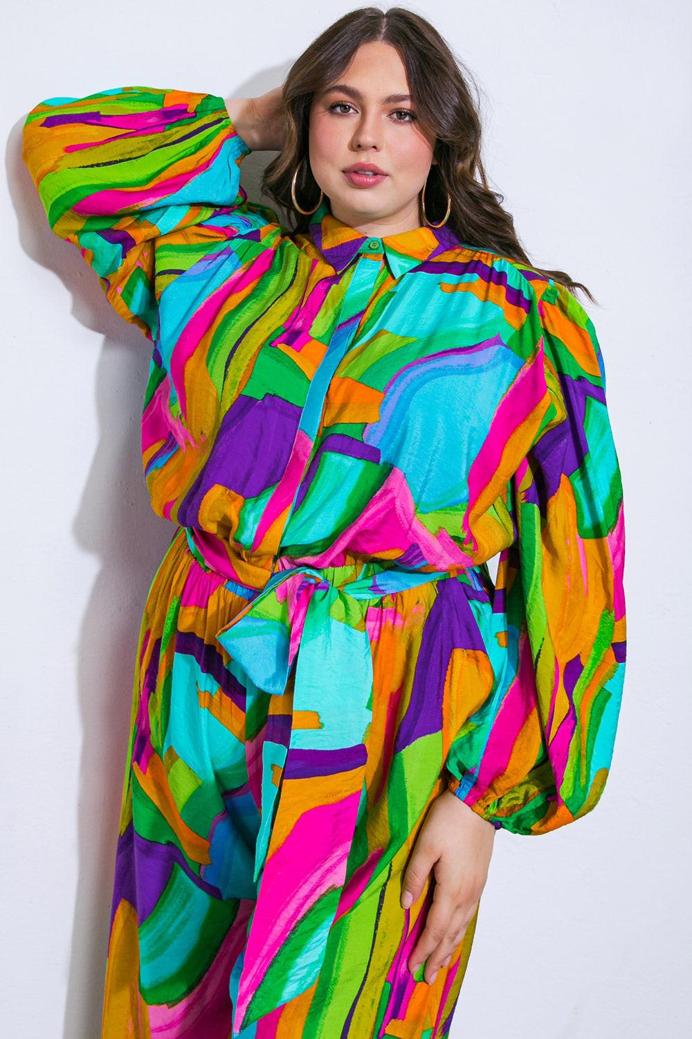 All My Heart Woven Jumpsuit With Shirt Collar Blouson Sleeves And Wide Leg