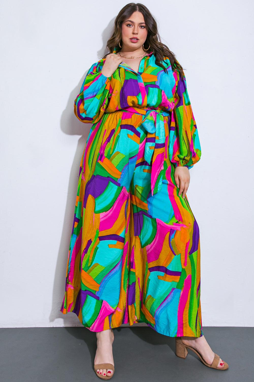 All My Heart Woven Jumpsuit With Shirt Collar Blouson Sleeves And Wide Leg