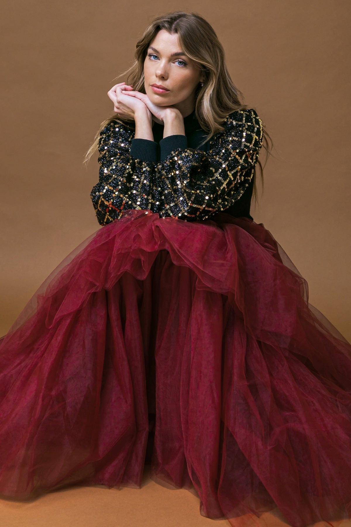 Party Tomorrow Night Mock Neck Knit Top With Sequin Sleeves