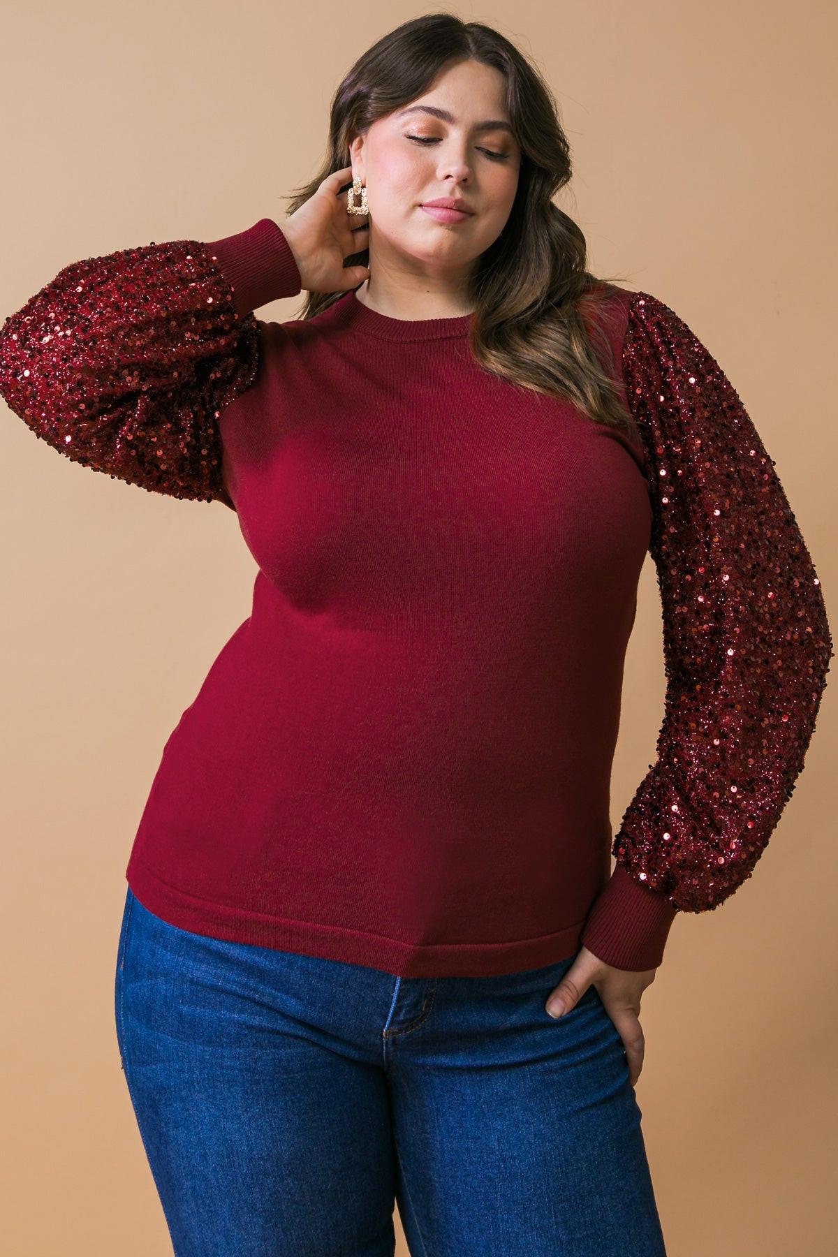 Feeling The Fun Sequin Puff Sleeve Knit Sweater Top