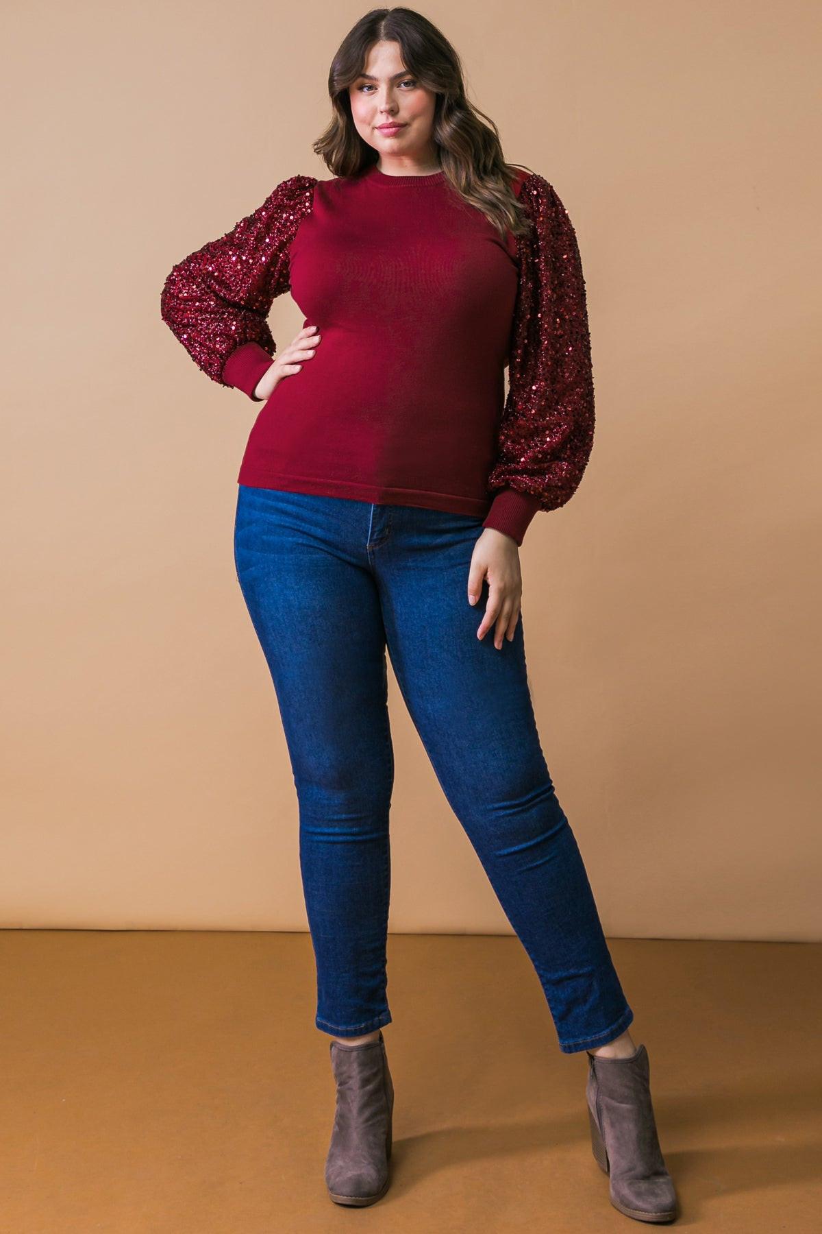 Feeling The Fun Sequin Puff Sleeve Knit Sweater Top