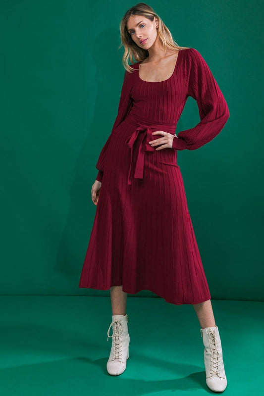 Keep Looking Up Sweater Midi Dress With U Neck And Self Sash Tie