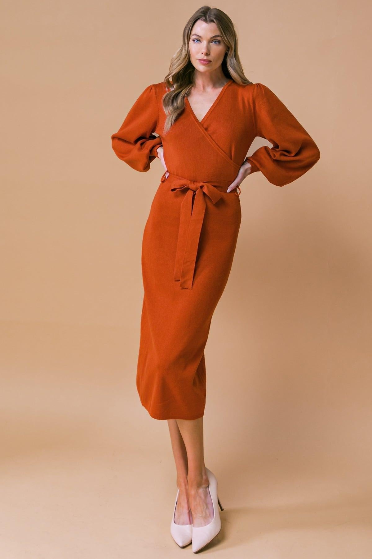 Adorable Ideal Sweater Midi Dress With Surplice Neckline Blouson Sleeves