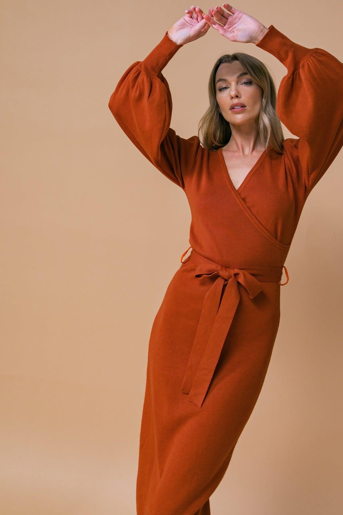 Adorable Ideal Sweater Midi Dress With Surplice Neckline Blouson Sleeves