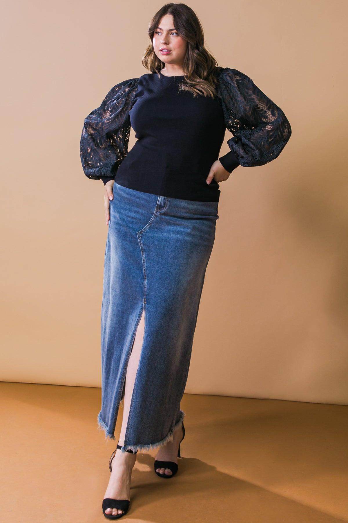 Leisure Life Knit Sweater Top With Round Neckline And Contrasting Puff Sleeves