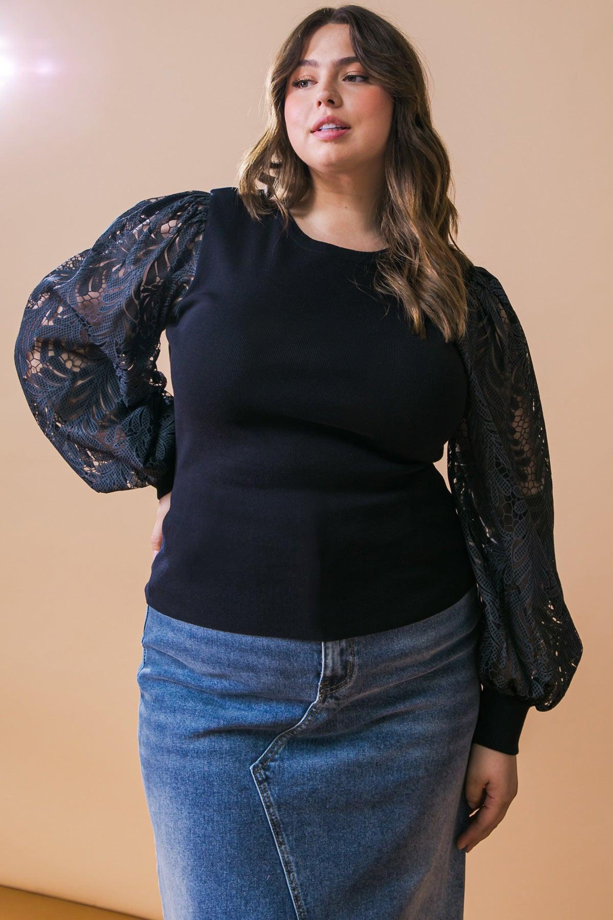 Leisure Life Knit Sweater Top With Round Neckline And Contrasting Puff Sleeves