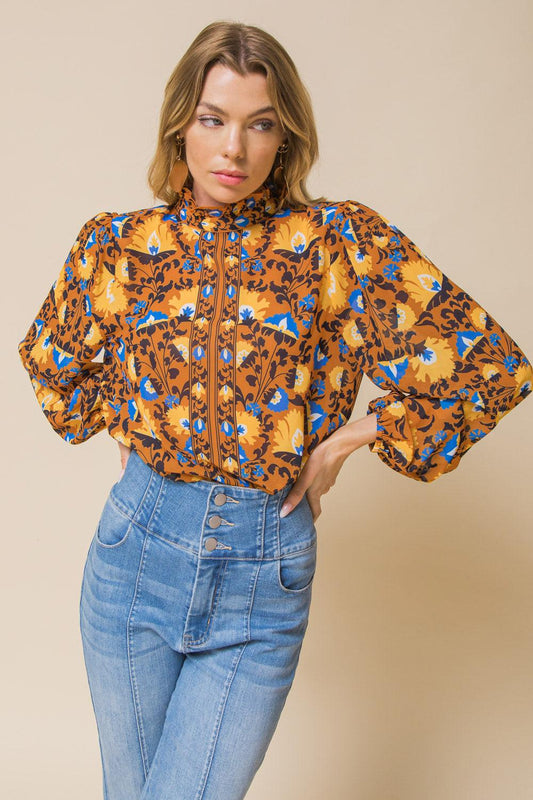 Overthinking It Woven Top With High Neckline And Ruffled Peasant Sleeves