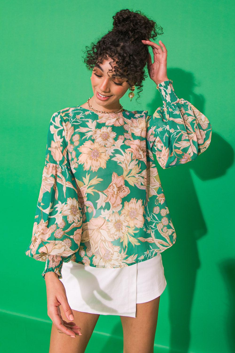 Daybreak Skyline Woven Top Round Neck Shirred Sleeves Back Keyhole Closure
