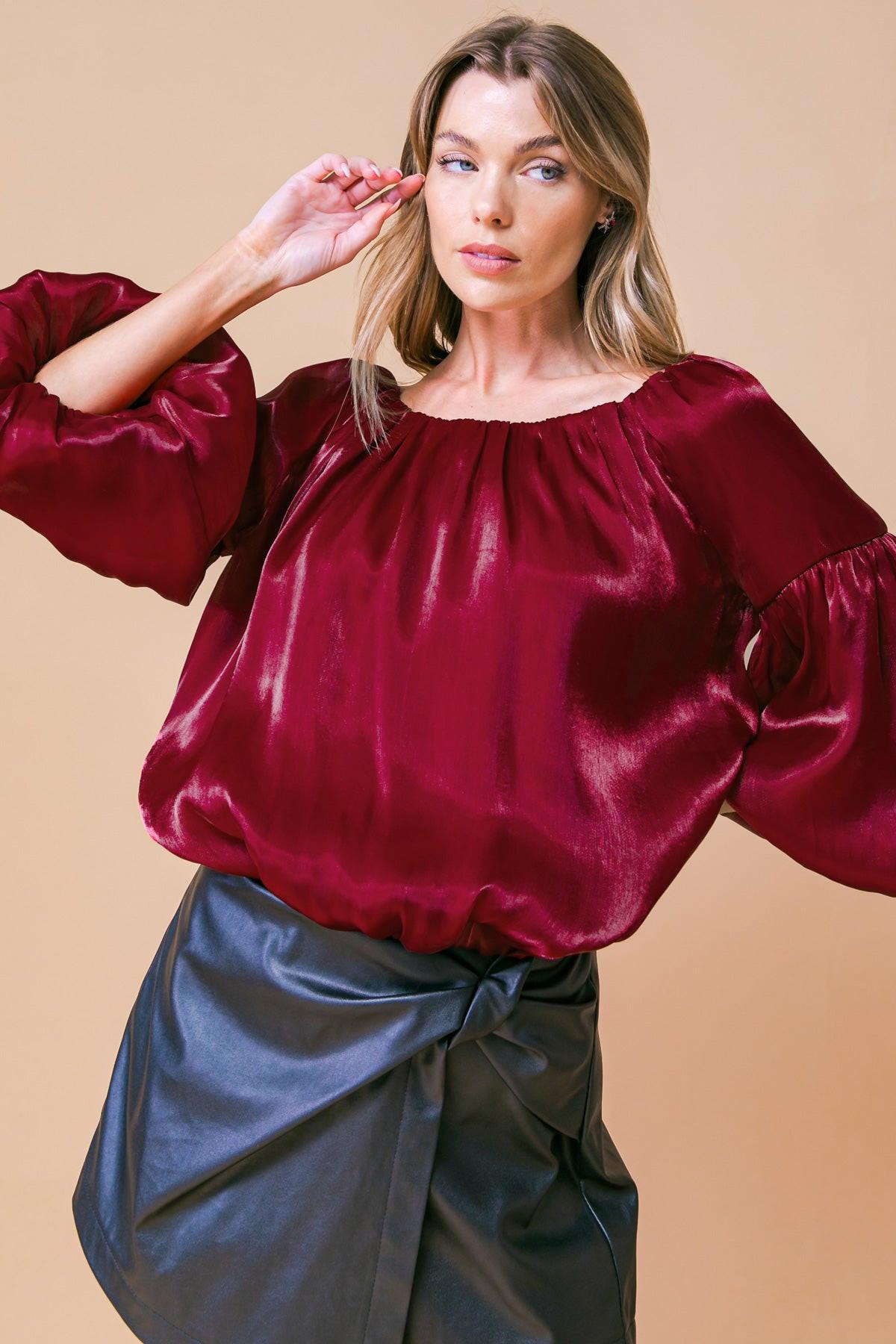 Simply Favored Woven Top Off On Neckline With Lantern Sleeves Elastic Waist