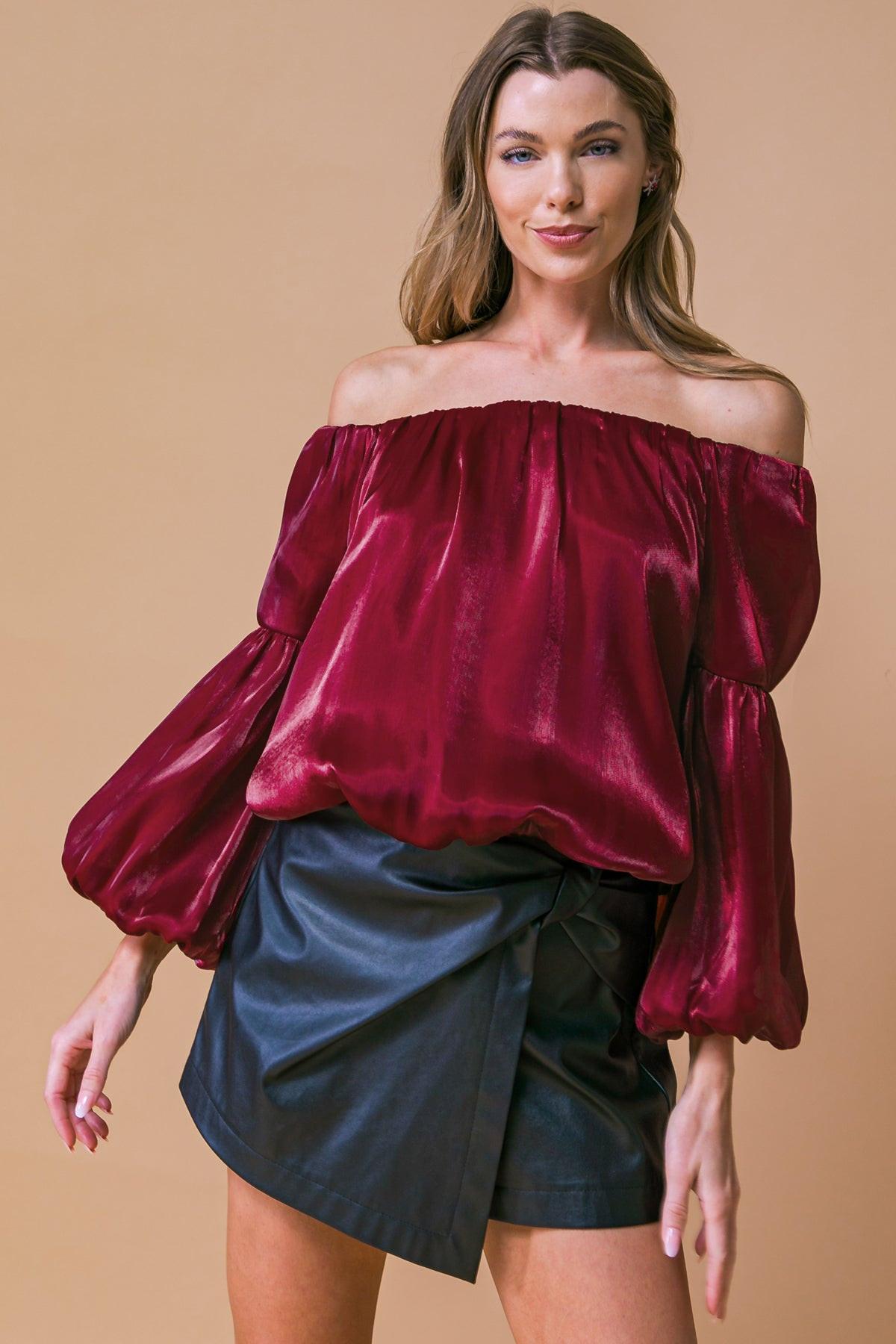 Simply Favored Woven Top Off On Neckline With Lantern Sleeves Elastic Waist