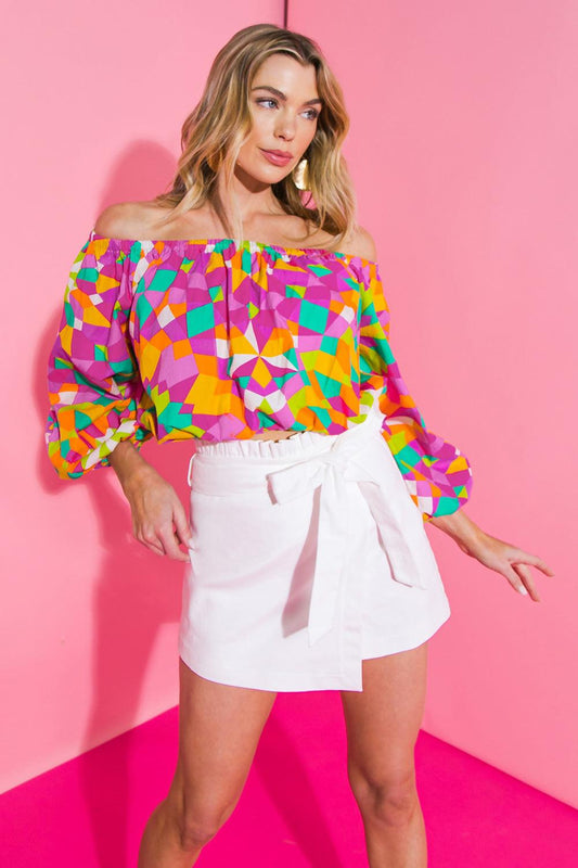 The Flower Fields Woven Top Off Shoulder Peasant Sleeve Printed Poplin