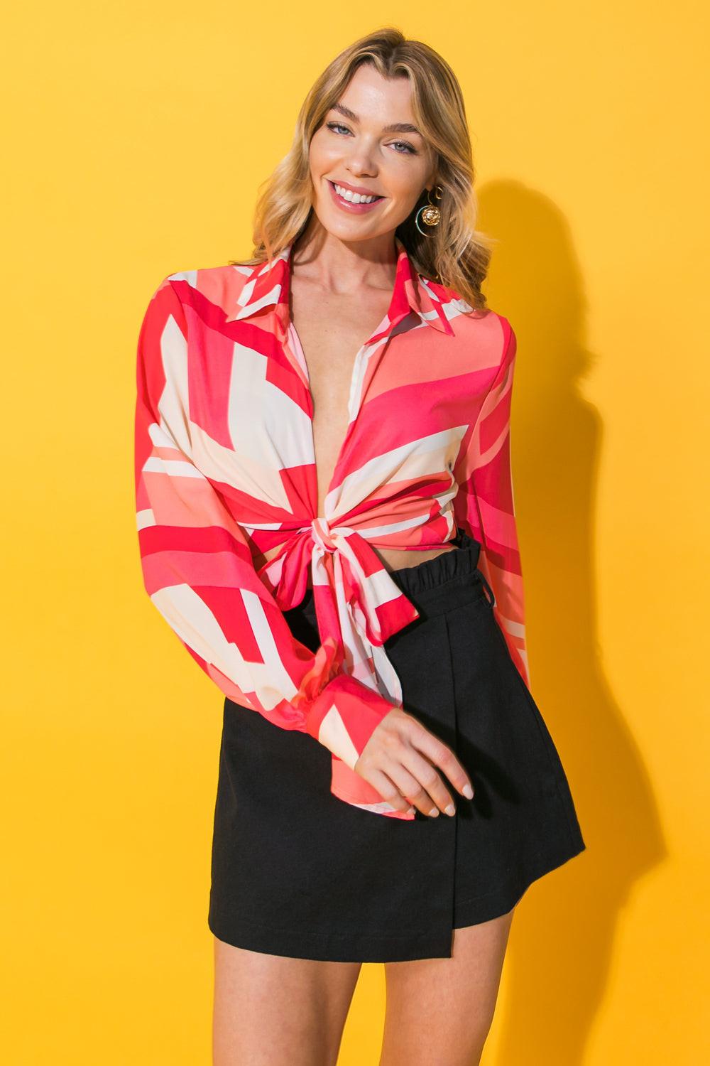Good Times Only Woven Top With Peasant Sleeves Tie Front
