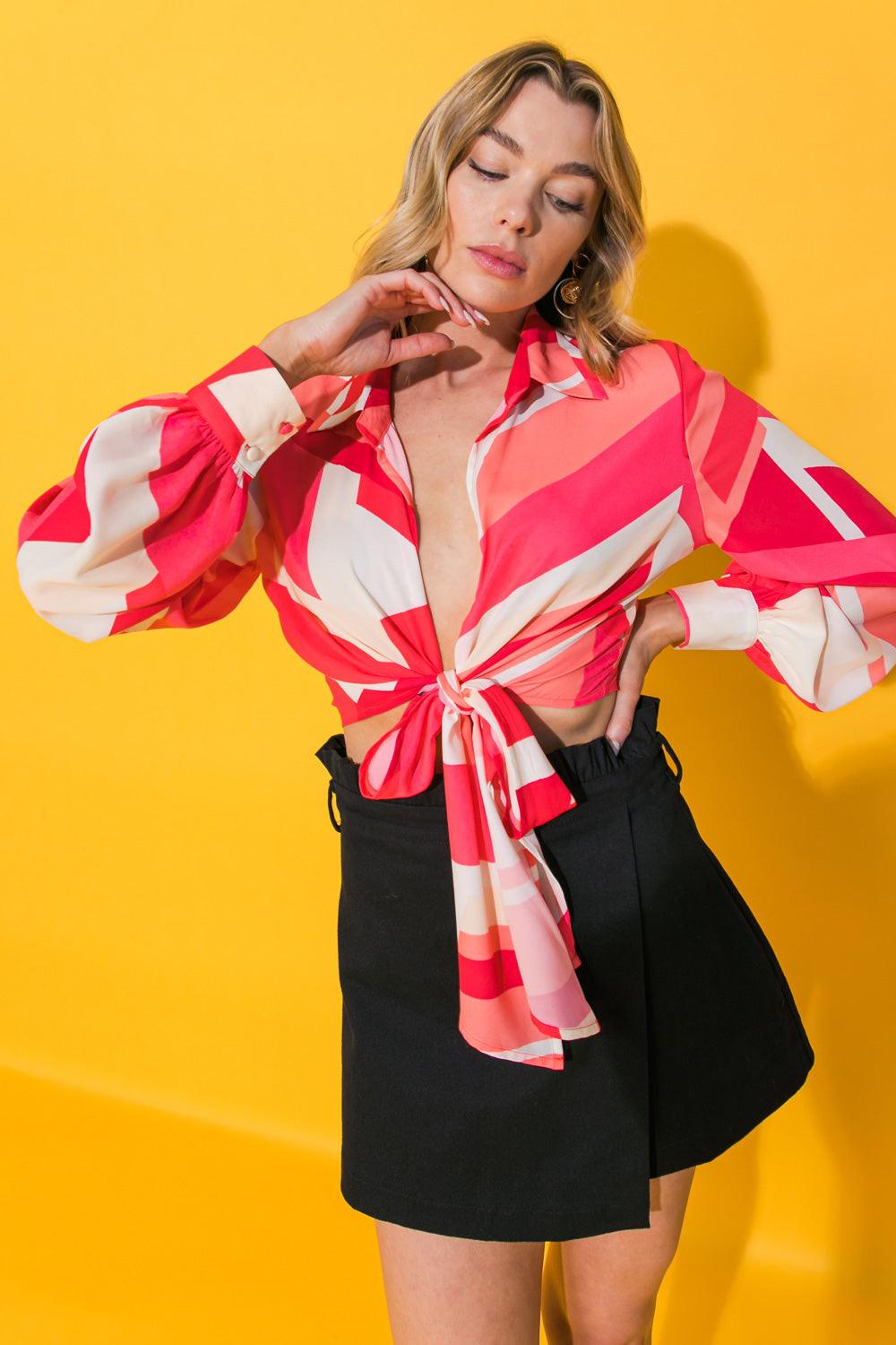 Good Times Only Woven Top With Peasant Sleeves Tie Front