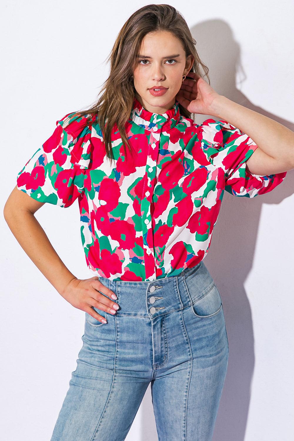 I Can Wait Forever Printed Woven Top With High Ruffled Neckline