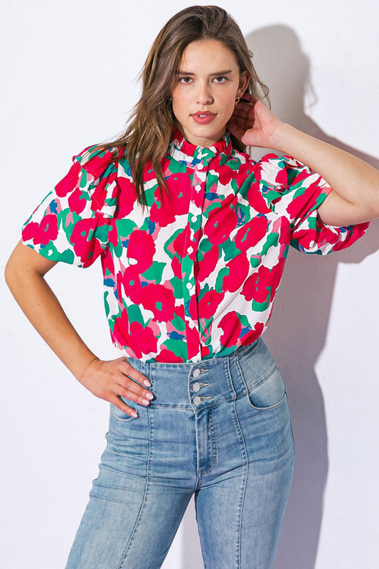 I Can Wait Forever Printed Woven Top With High Ruffled Neckline