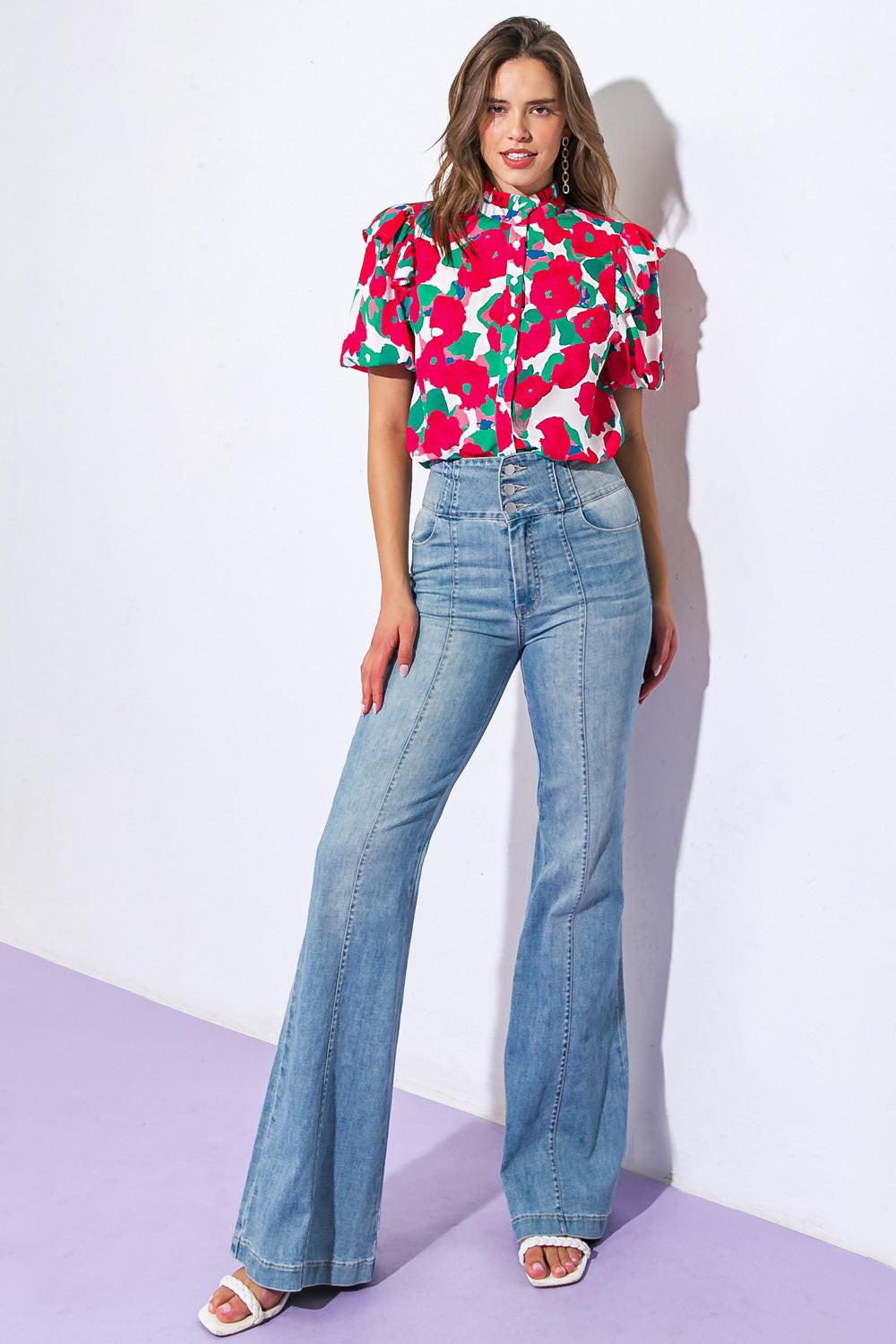 I Can Wait Forever Printed Woven Top With High Ruffled Neckline