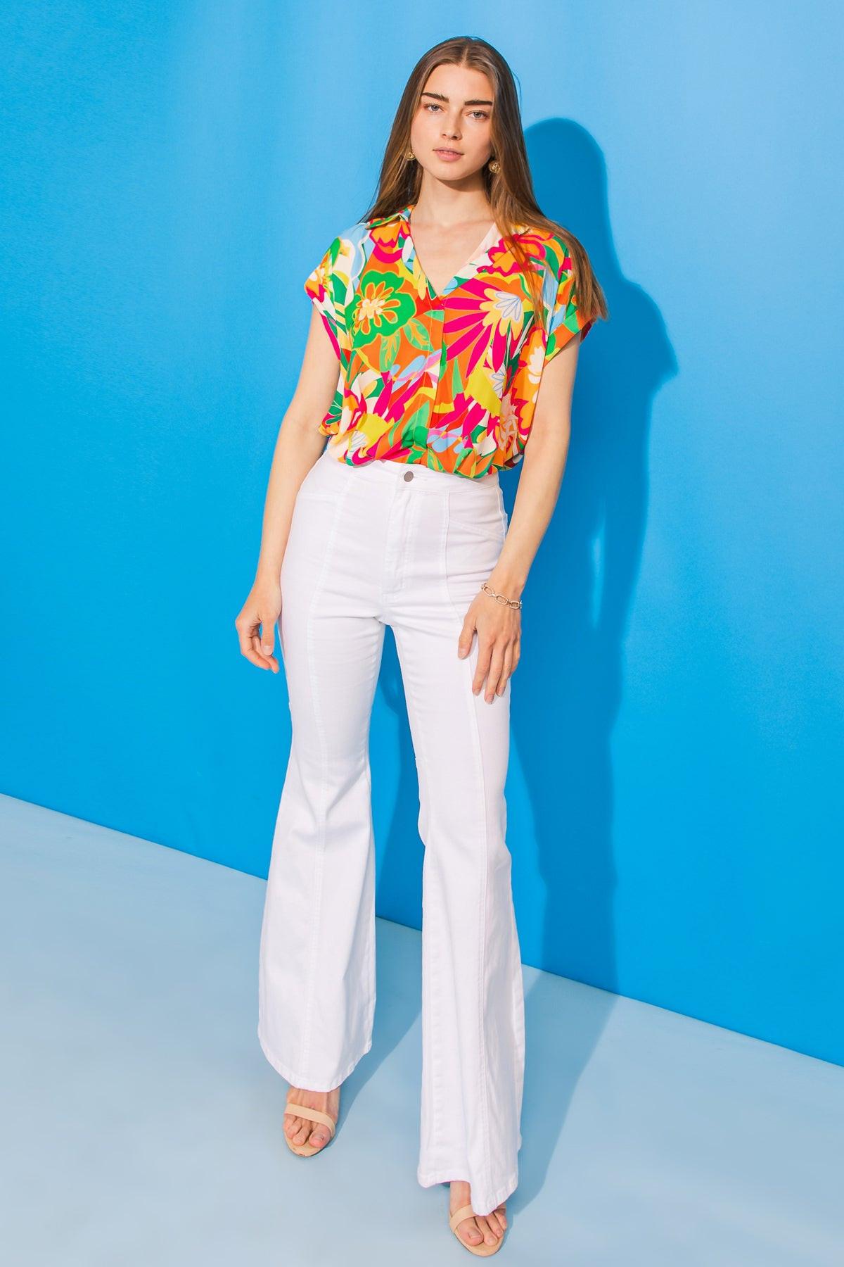 Sweet Dreams Floral Woven Top Lightweight Breathable Shirt Collar V Neck