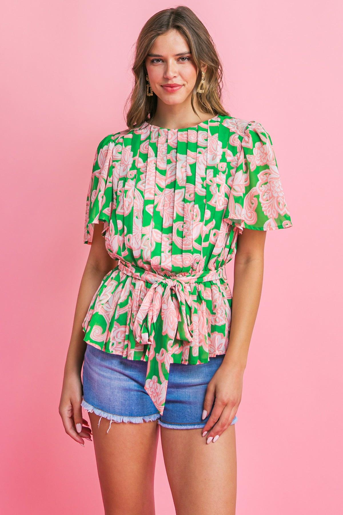 With You Forever Womens Woven Top Round Neck Pleated Flutter Sleeves
