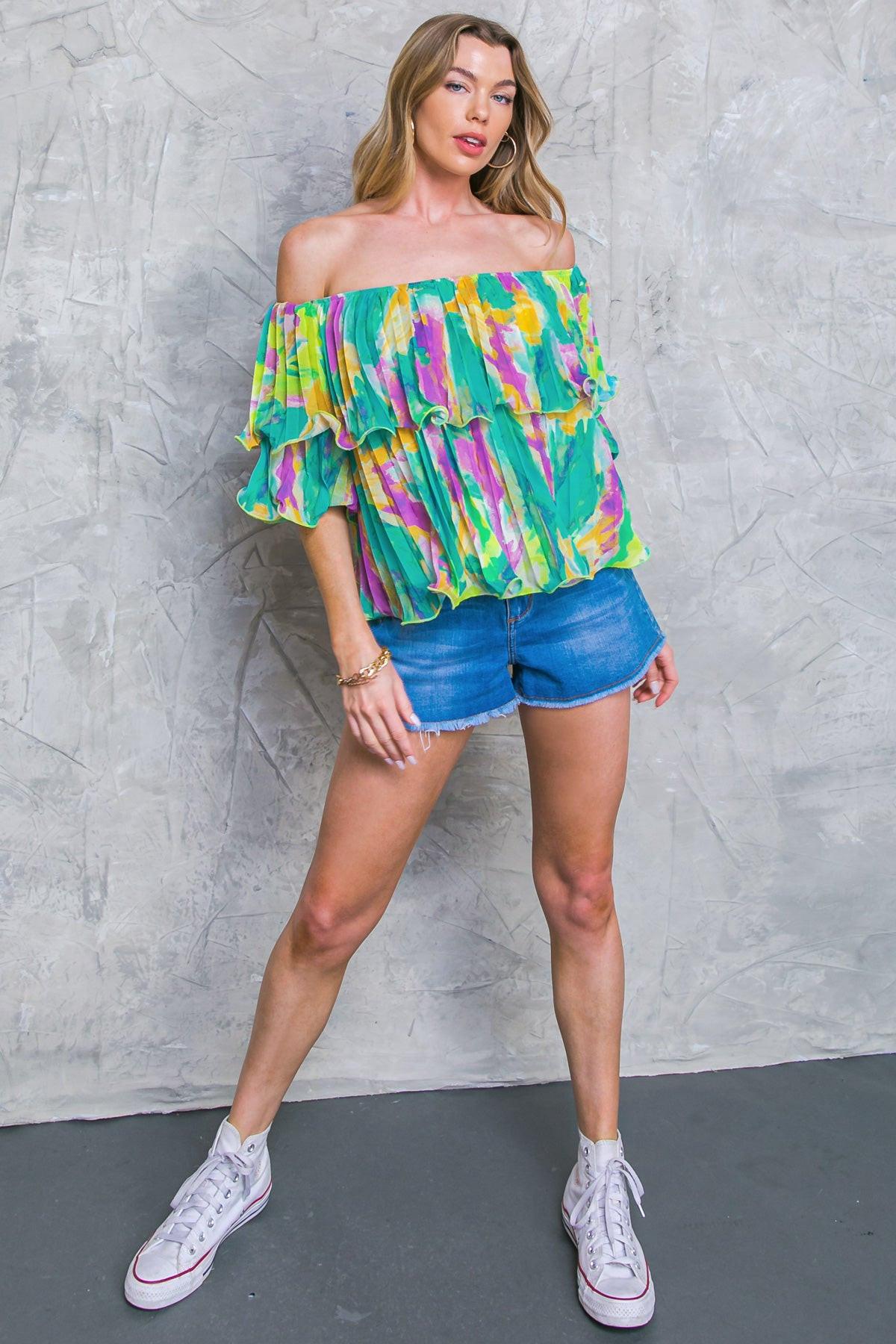 Magnolia Santa Caterina Woven Top Off Shoulder Flounce Pleated Bodice