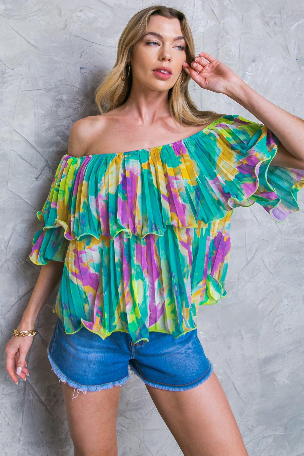 Magnolia Santa Caterina Woven Top Off Shoulder Flounce Pleated Bodice