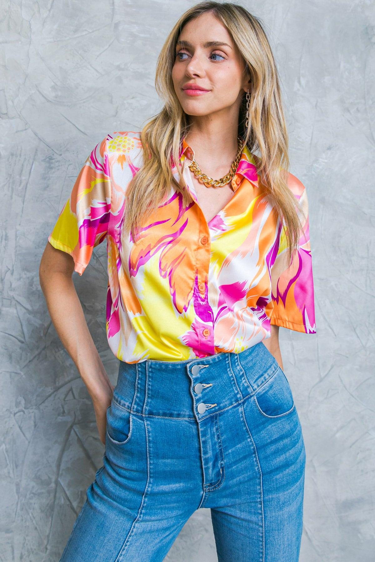 Hello Aroha Satin Printed Woven Top Short Sleeve Button Front Collar