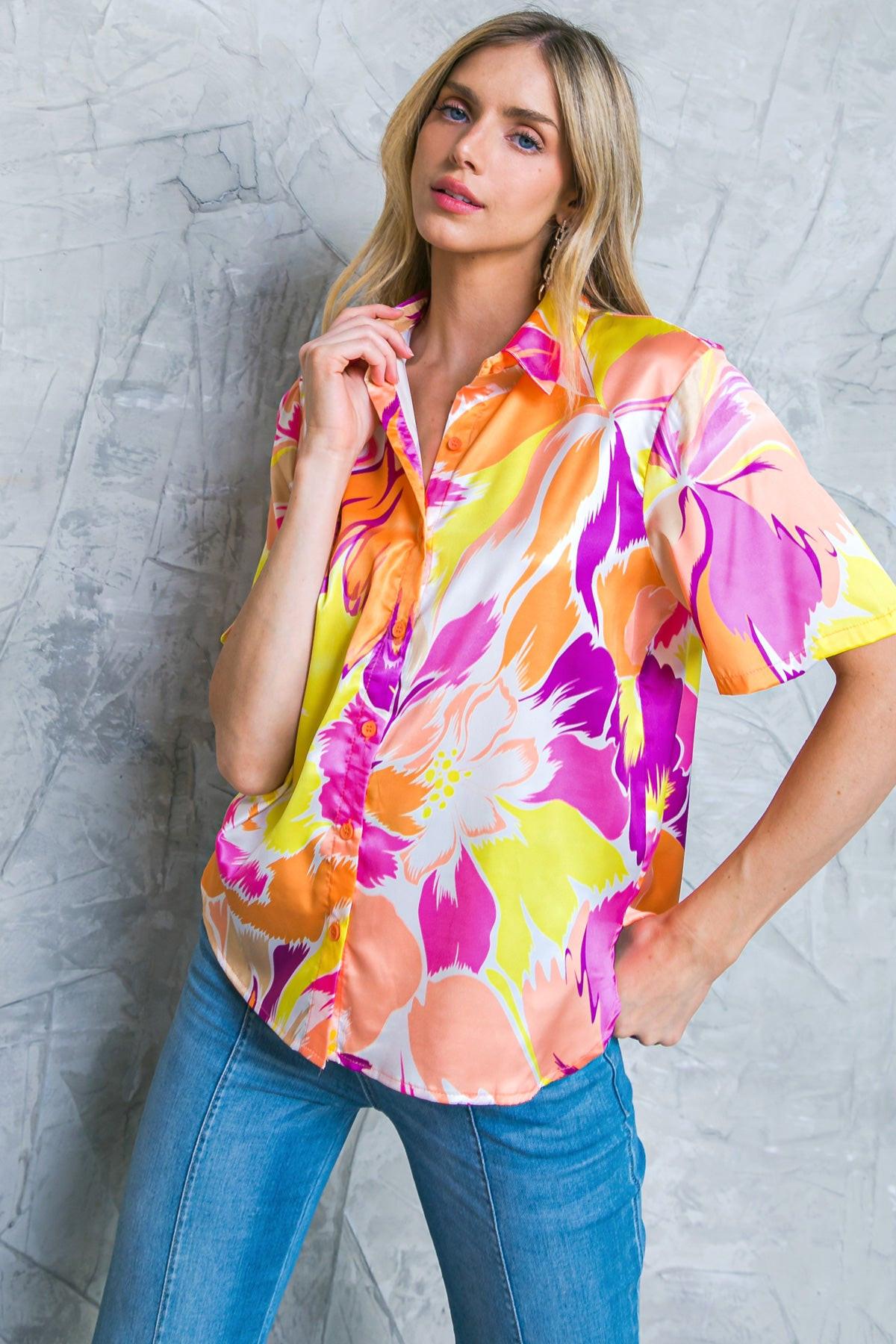 Hello Aroha Satin Printed Woven Top Short Sleeve Button Front Collar