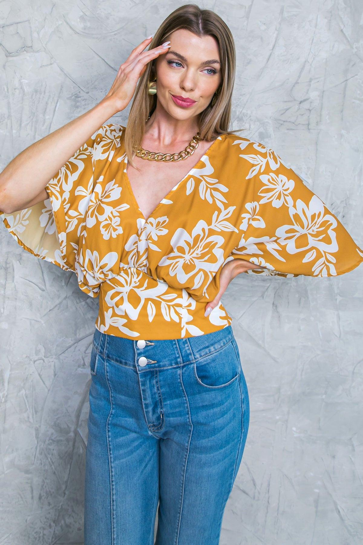 Let The Light In Brown Woven Top With Elbow Sleeves And Smocked Back Waistband