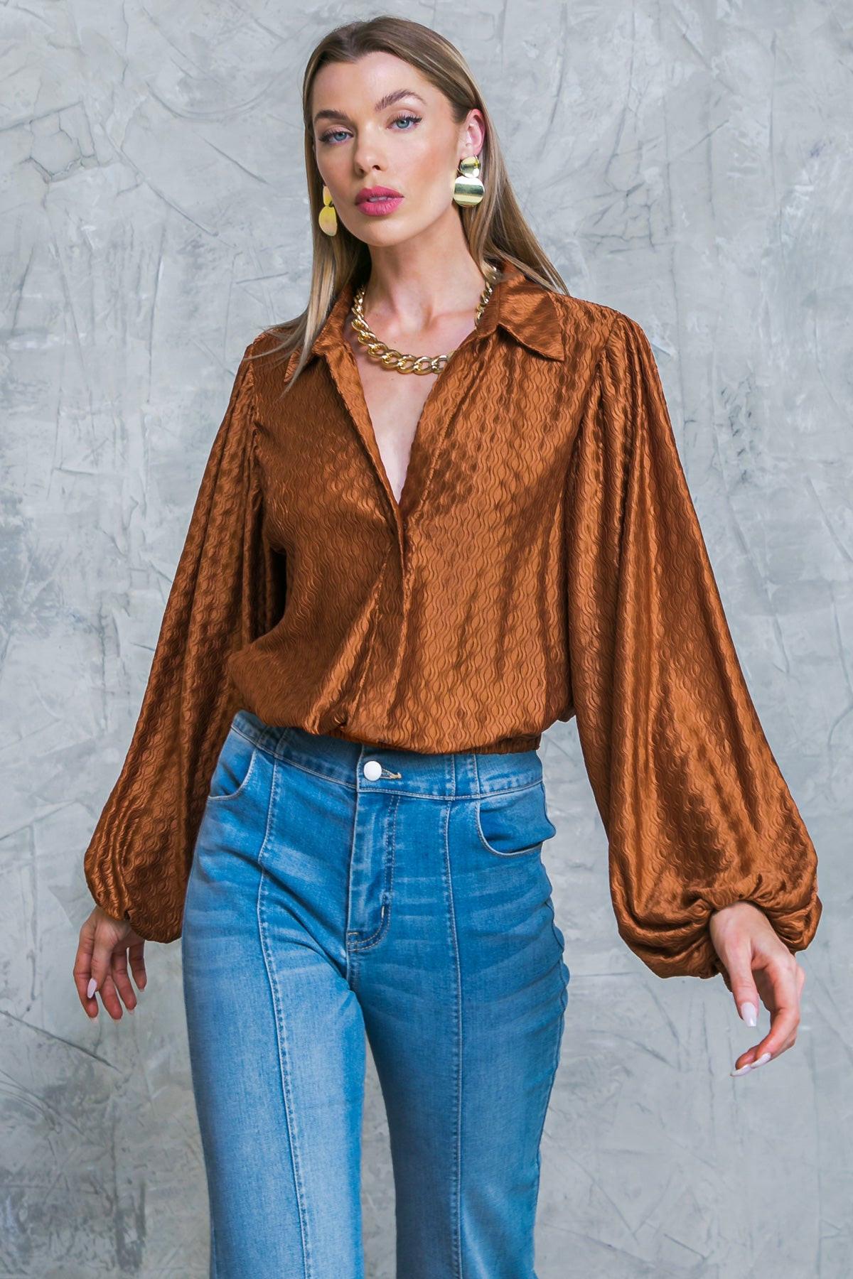 Regal Romance Woven Top with Shirt Collar Long Sleeves Elastic Waist