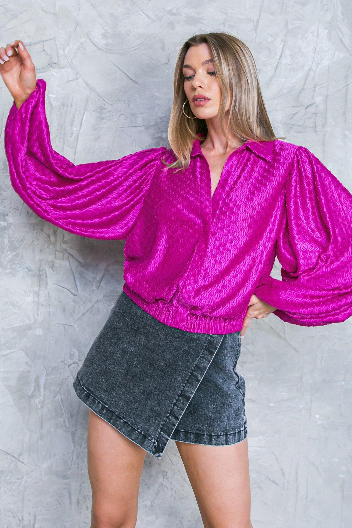 Regal Romance Woven Top with Shirt Collar Long Sleeves Elastic Waist