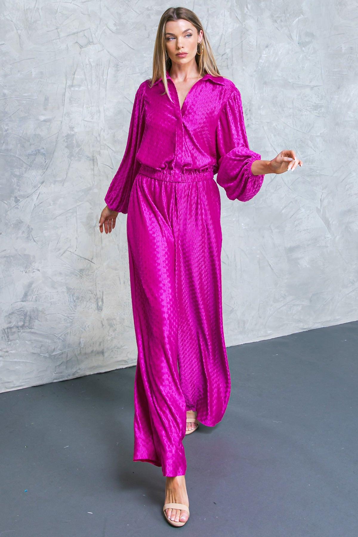 Regal Romance Woven Top with Shirt Collar Long Sleeves Elastic Waist