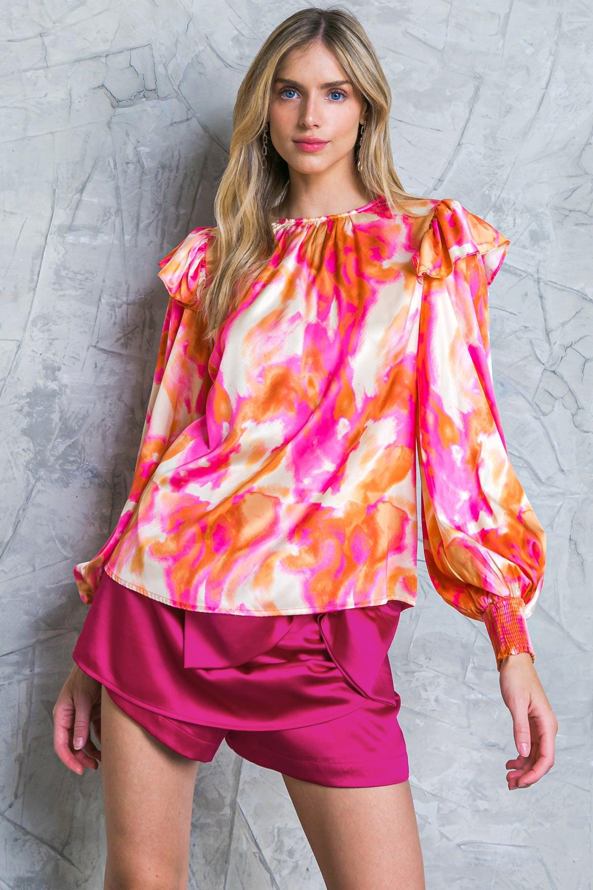 Feeling Spice Woven Top With Round Neckline And Ruffle Shoulder Detail