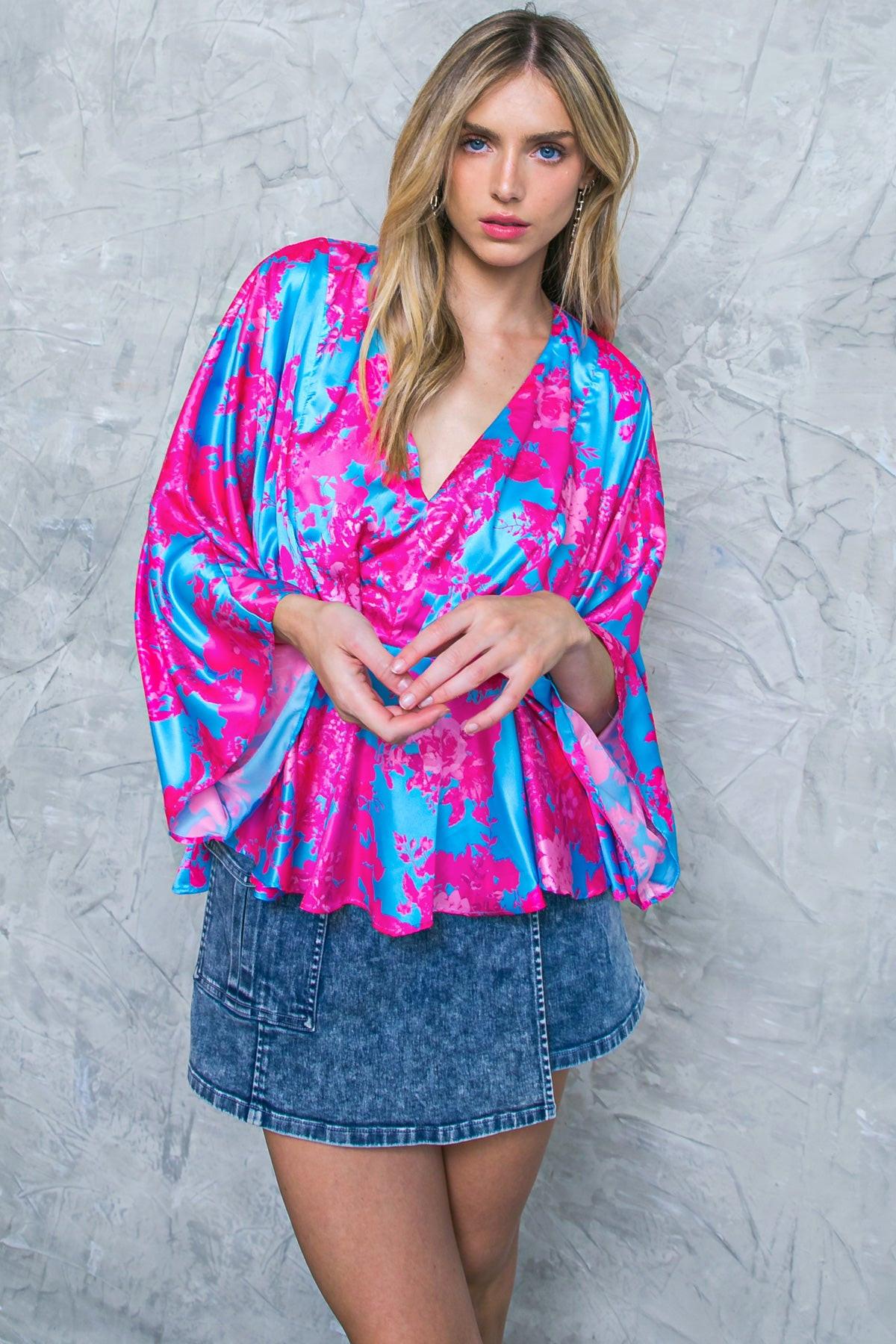 Blue Woven Top With V Neck Pleated Peplum Long Kimono Sleeves
