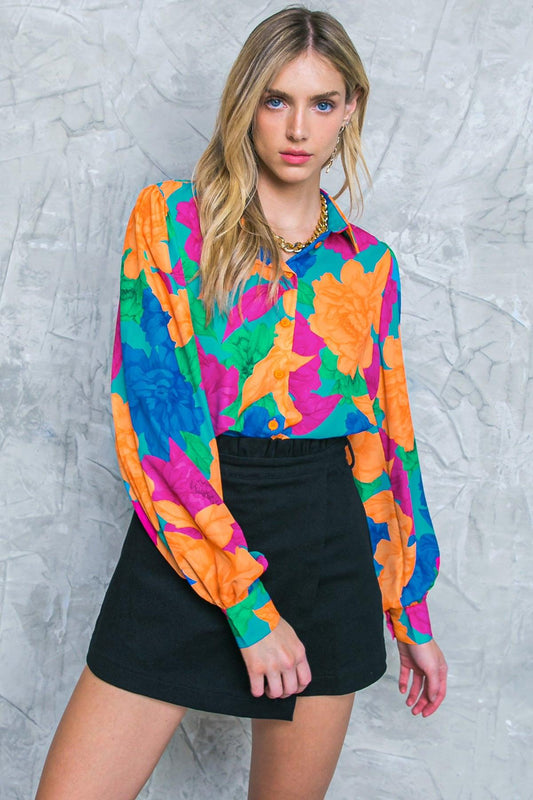 Soul On Fire Woven Top Collared Button Down With Printed Design Long Sleeves