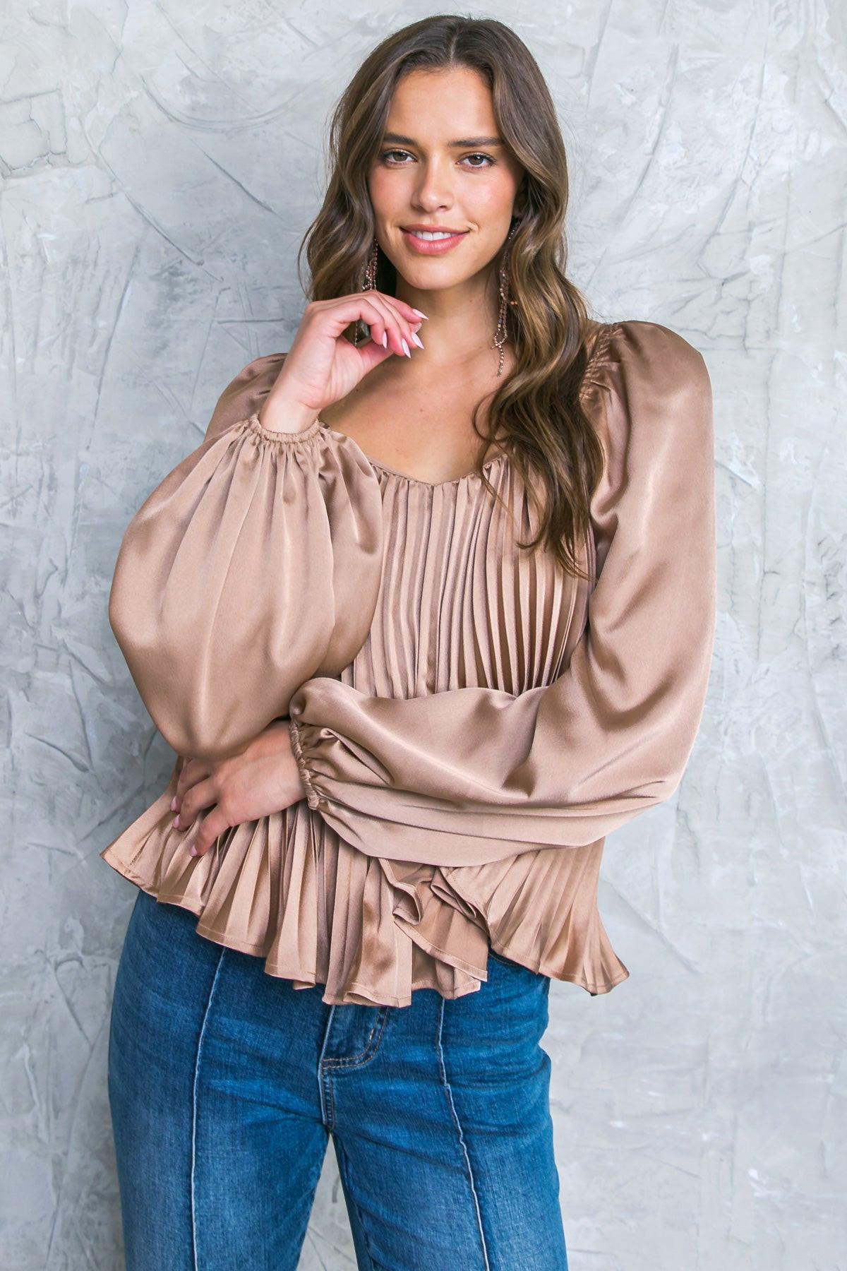 No More Drama Woven Top Long Sleeve Sweetheart Neckline Pleated Bodice Polyester