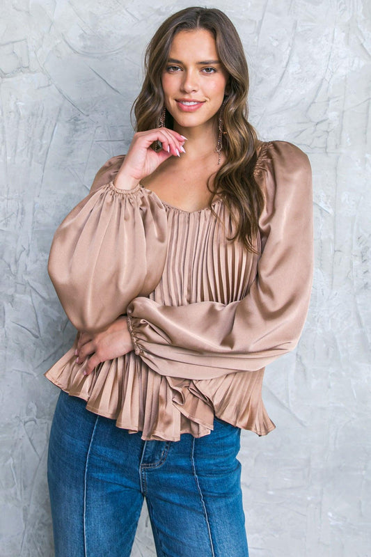 No More Drama Woven Top Long Sleeve Sweetheart Neckline Pleated Bodice Polyester