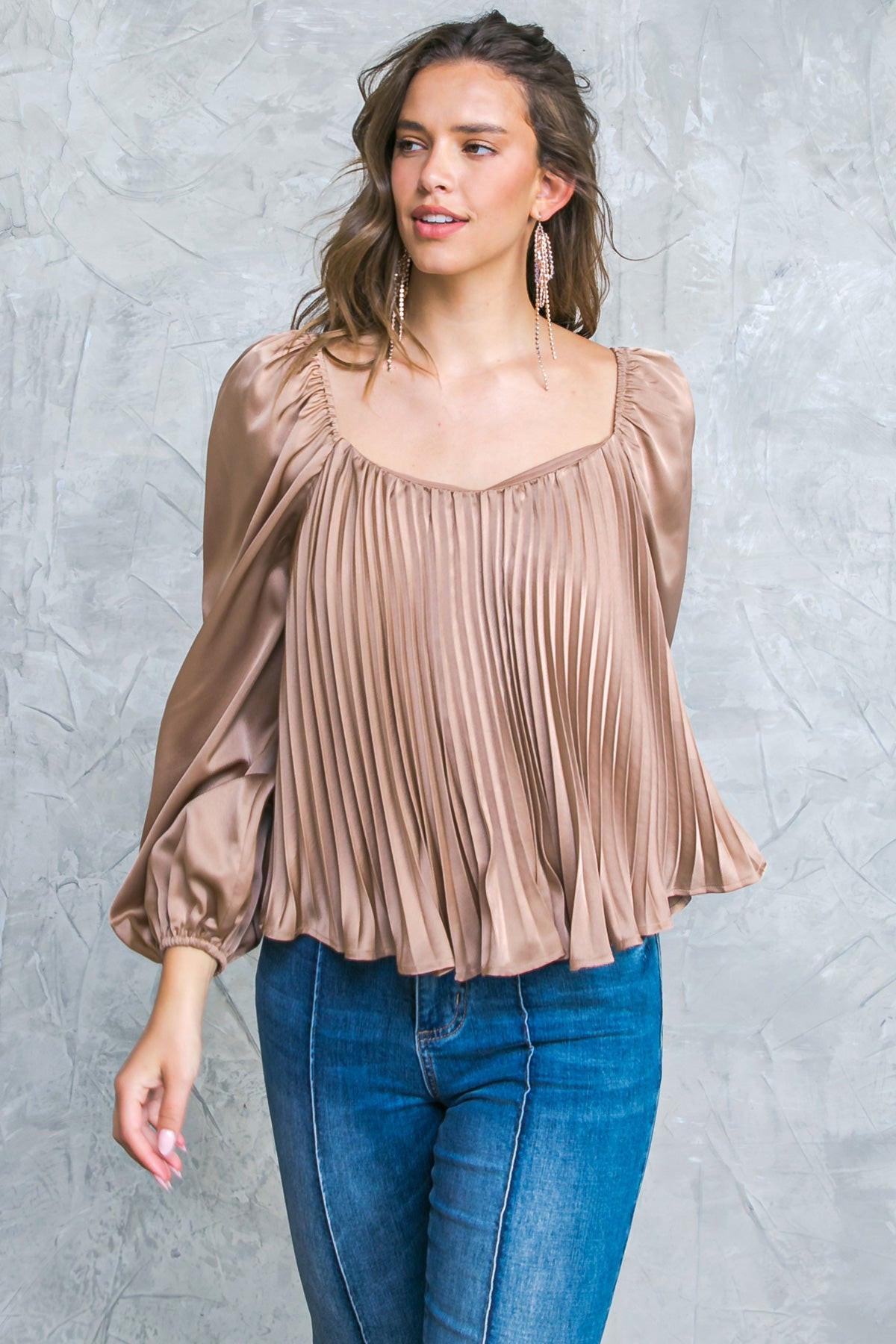 No More Drama Woven Top Long Sleeve Sweetheart Neckline Pleated Bodice Polyester