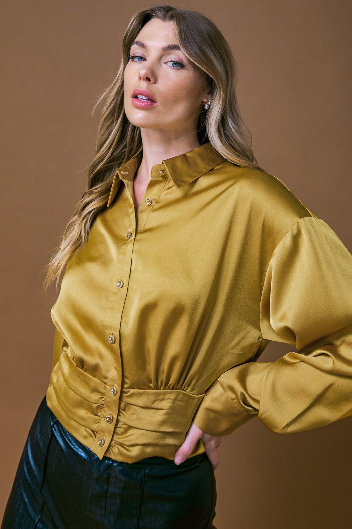 Romantic Moves Woven Top With Shirred Waistband Button Down Shirt Collar