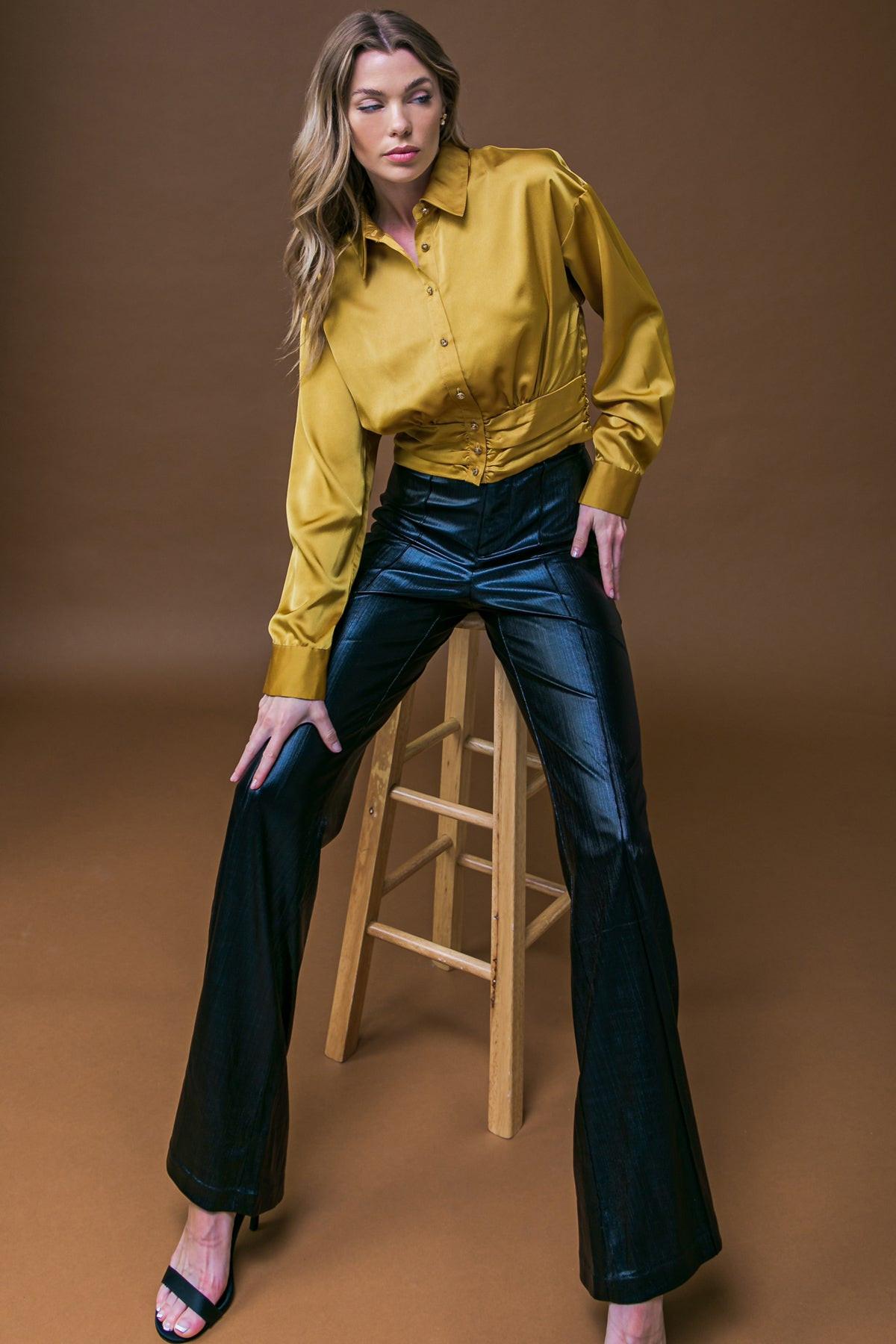 Romantic Moves Woven Top With Shirred Waistband Button Down Shirt Collar