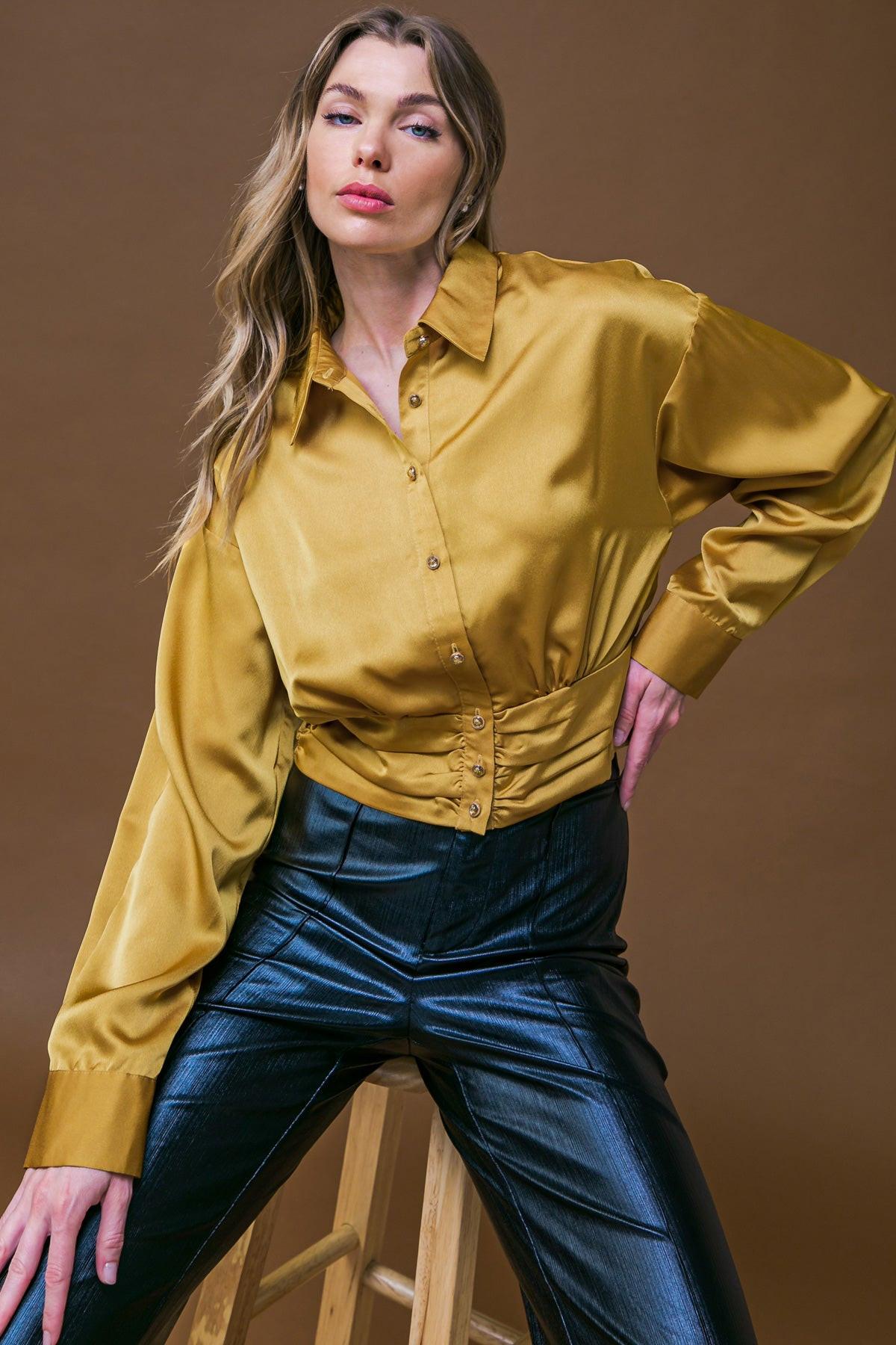 Romantic Moves Woven Top With Shirred Waistband Button Down Shirt Collar