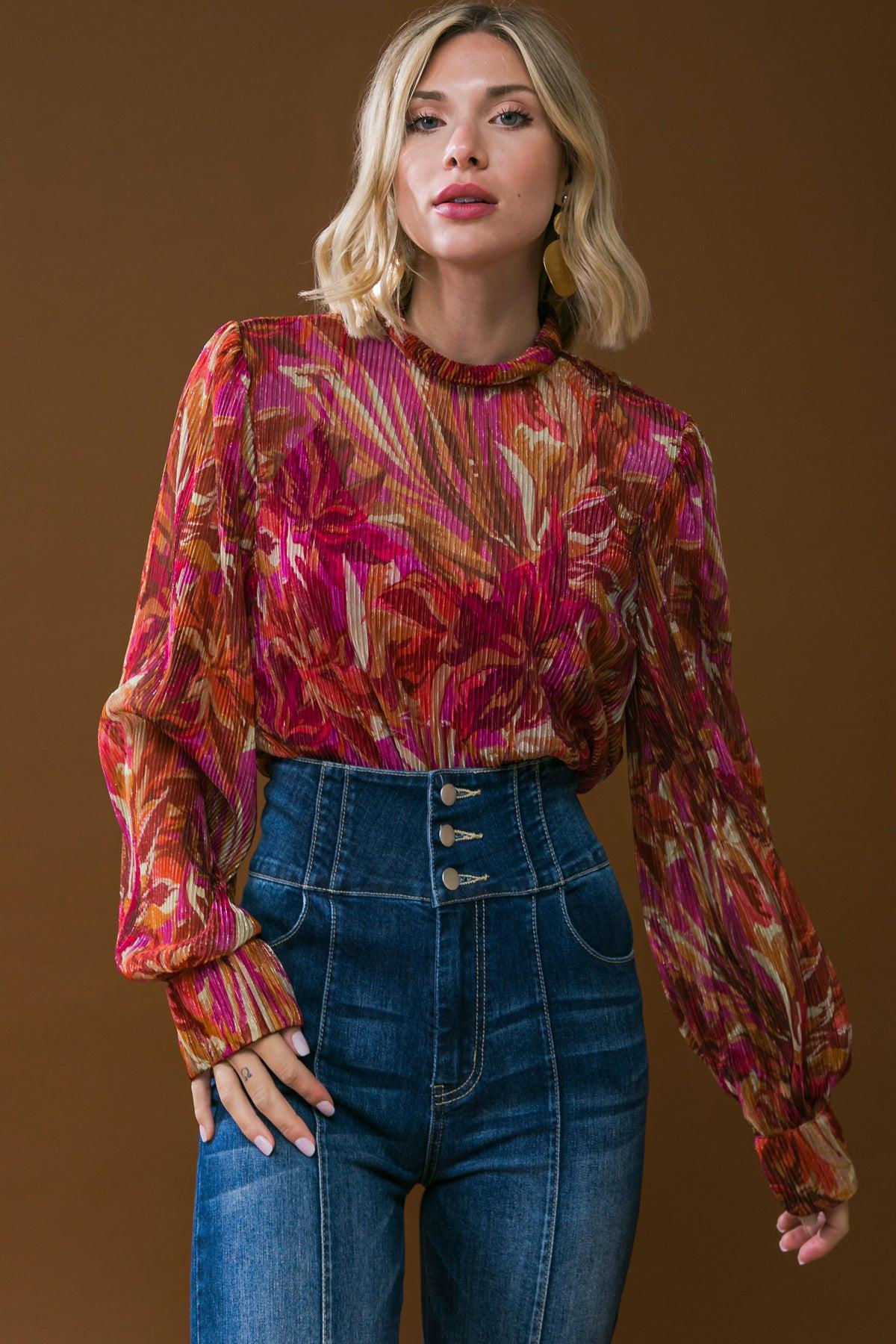 Crushing On You Woven Top High Neck Long Sleeve Cuffs Lightweight Breathable